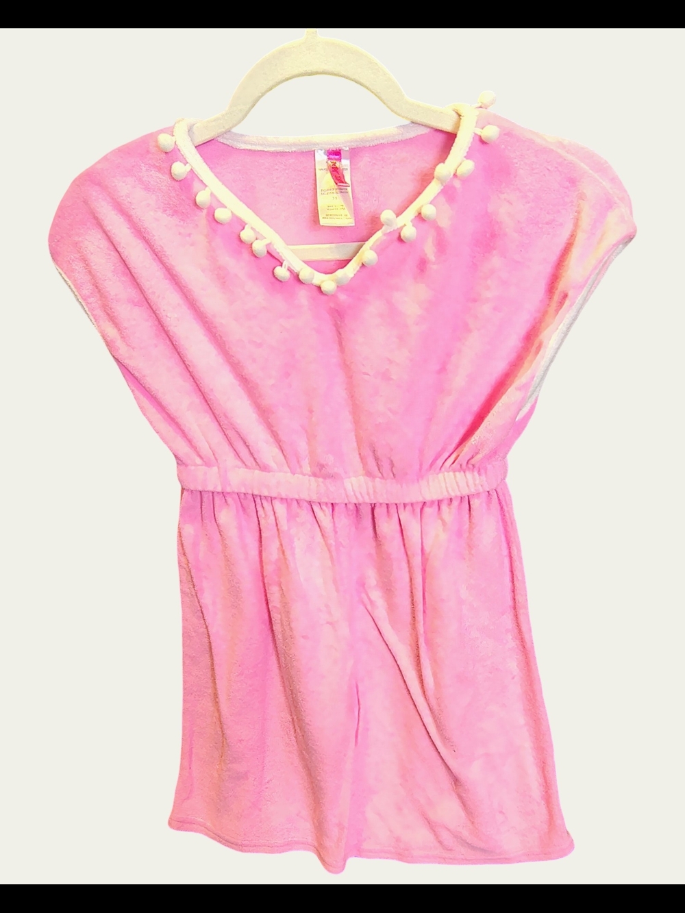 Betsey Johnson Pink Pom-Trim Elastic Waist Terry Short Romper